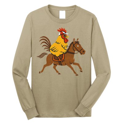 Funny Chicken Rooster Wearing Jockey Cap Riding Race Horse Long Sleeve Shirt