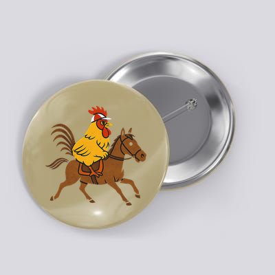 Funny Chicken Rooster Wearing Jockey Cap Riding Race Horse Button