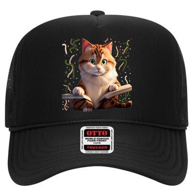 Funny Cats Reading A Book Graphic Cat Kitten Lovers Cat Mom High Crown Mesh Back Trucker Hat