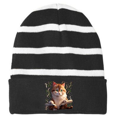 Funny Cats Reading A Book Graphic Cat Kitten Lovers Cat Mom Striped Beanie with Solid Band