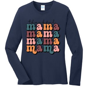 Funny Cute Retro Thankful Mama Fall Autumn Mom Ladies Long Sleeve Shirt