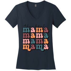 Funny Cute Retro Thankful Mama Fall Autumn Mom Women's V-Neck T-Shirt