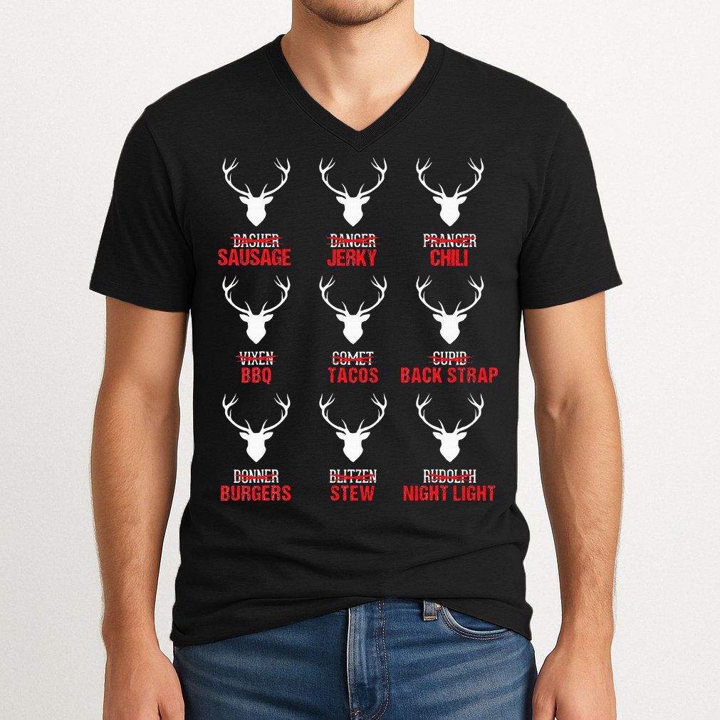 Funny Christmas Reindeer Hunter Deer Meat Hunting Gifts V-Neck T-Shirt