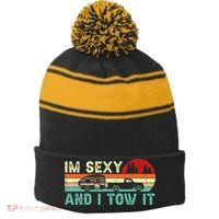 Funny Camping RV Im Sexy And I Tow It RV Camper Stripe Pom Pom Beanie