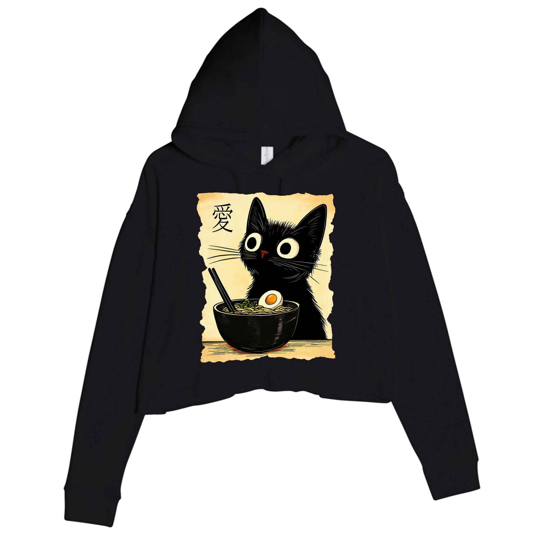 Funny Cat Ramen Graphic Japanese Kawaii Anime Cat Crop Fleece Hoodie