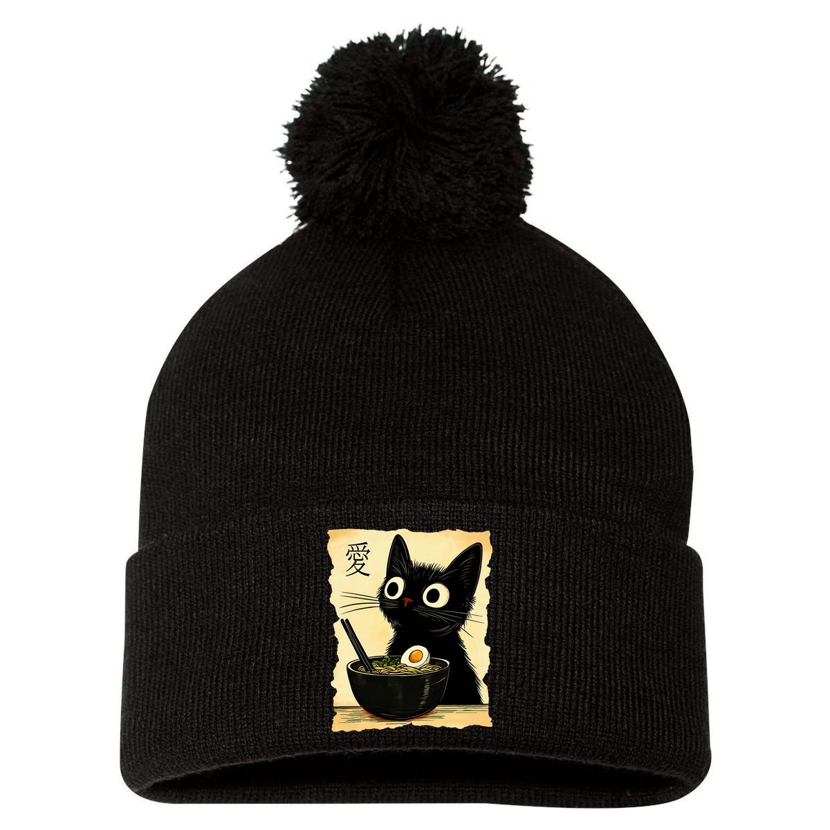 Funny Cat Ramen Graphic Japanese Kawaii Anime Cat Pom Pom 12in Knit Beanie