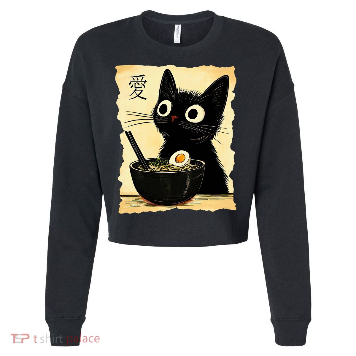 Funny Cat Ramen Graphic Japanese Kawaii Anime Cat Cropped Pullover Crew