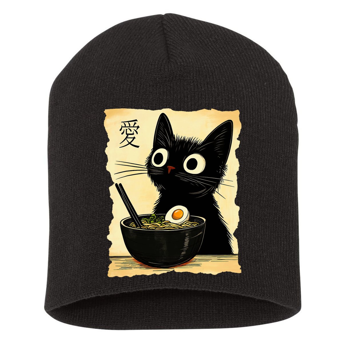 Funny Cat Ramen Graphic Japanese Kawaii Anime Cat Short Acrylic Beanie