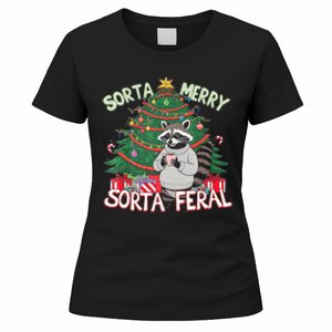 Funny Christmas Raccoon Sorta Merry Sorta Santa Feral Xmas Women's T-Shirt