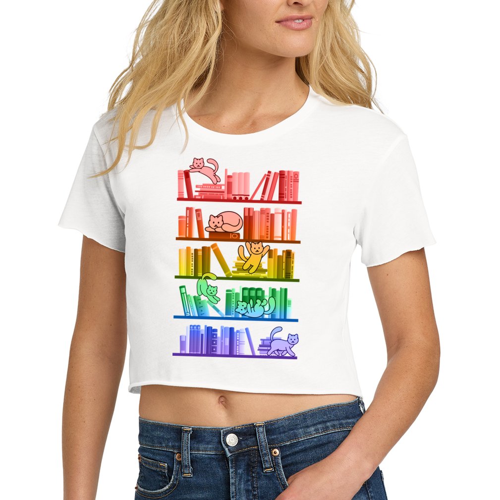 Funny Colorful Rainbow Library Cats Women's Crop Top Tee