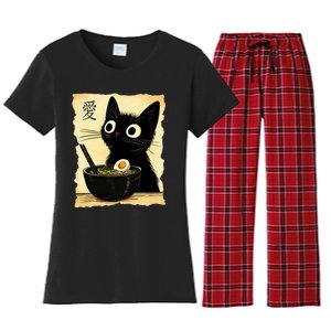 Funny Cat Ramen Graphic Japanese Kawaii Anime Cat Women's Flannel Pajama Set