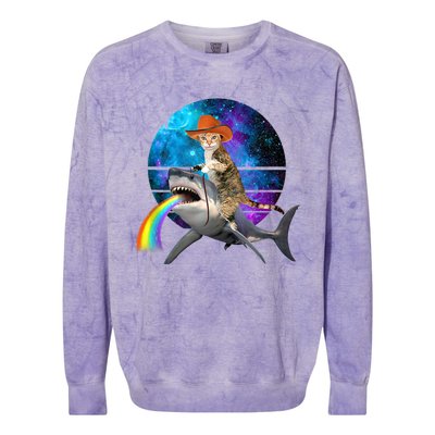 Funny Cat Riding Shark Puking Rainbow Galaxy Space Humor Pun Ank Op Colorblast Crewneck Sweatshirt