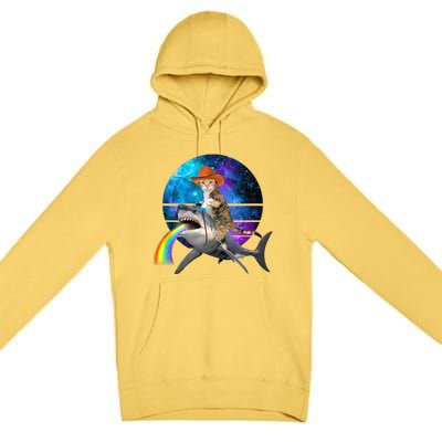 Funny Cat Riding Shark Puking Rainbow Galaxy Space Humor Pun Ank Op Premium Pullover Hoodie