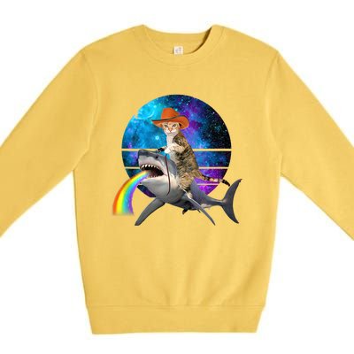 Funny Cat Riding Shark Puking Rainbow Galaxy Space Humor Pun Ank Op Premium Crewneck Sweatshirt