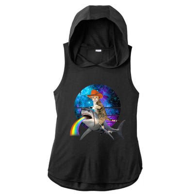 Funny Cat Riding Shark Puking Rainbow Galaxy Space Humor Pun Ank Op Ladies PosiCharge Tri-Blend Wicking Draft Hoodie Tank