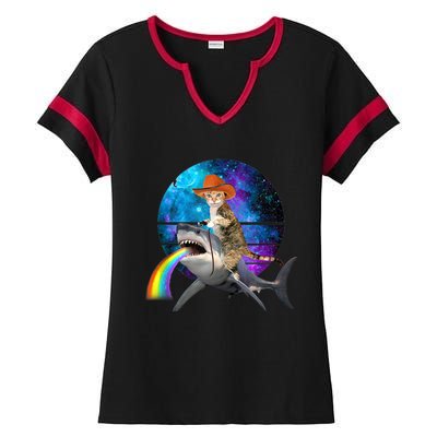 Funny Cat Riding Shark Puking Rainbow Galaxy Space Humor Pun Ank Op Ladies Halftime Notch Neck Tee