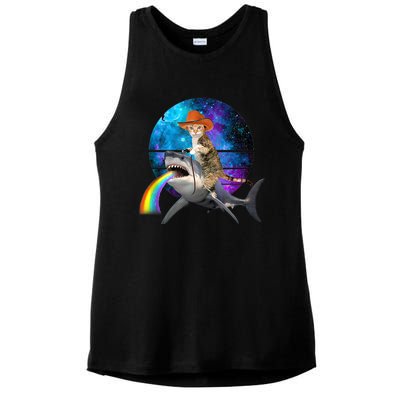 Funny Cat Riding Shark Puking Rainbow Galaxy Space Humor Pun Ank Op Ladies PosiCharge Tri-Blend Wicking Tank