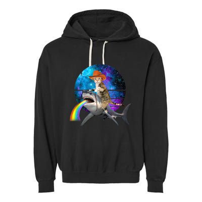 Funny Cat Riding Shark Puking Rainbow Galaxy Space Humor Pun Ank Op Garment-Dyed Fleece Hoodie