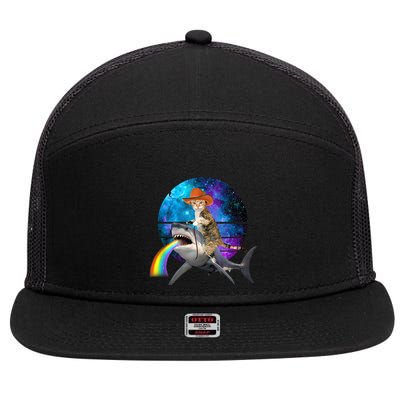 Funny Cat Riding Shark Puking Rainbow Galaxy Space Humor Pun Ank Op 7 Panel Mesh Trucker Snapback Hat