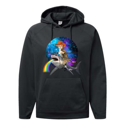 Funny Cat Riding Shark Puking Rainbow Galaxy Space Humor Pun Ank Op Performance Fleece Hoodie