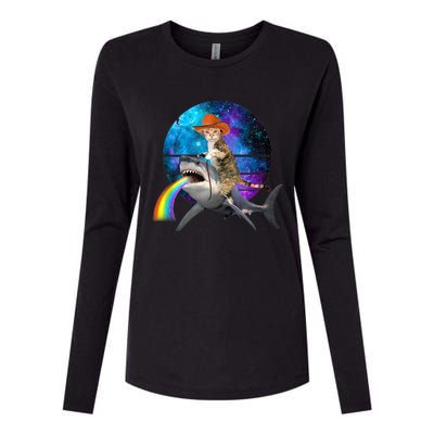 Funny Cat Riding Shark Puking Rainbow Galaxy Space Humor Pun Ank Op Womens Cotton Relaxed Long Sleeve T-Shirt