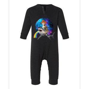 Funny Cat Riding Shark Puking Rainbow Galaxy Space Humor Pun Ank Op Infant Fleece One Piece