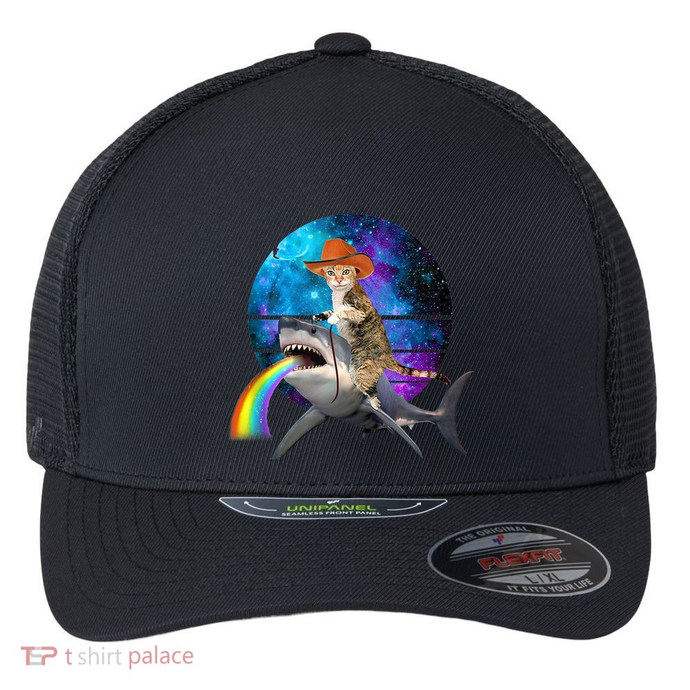 Funny Cat Riding Shark Puking Rainbow Galaxy Space Humor Pun Ank Op Flexfit Unipanel Trucker Cap