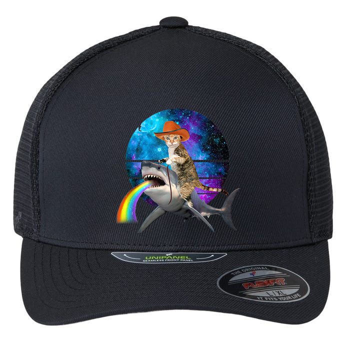 Funny Cat Riding Shark Puking Rainbow Galaxy Space Humor Pun Ank Op Flexfit Unipanel Trucker Cap