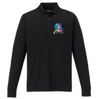 Funny Cat Riding Shark Puking Rainbow Galaxy Space Humor Pun Ank Op Performance Long Sleeve Polo