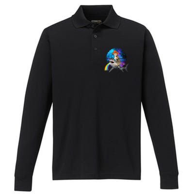 Funny Cat Riding Shark Puking Rainbow Galaxy Space Humor Pun Ank Op Performance Long Sleeve Polo