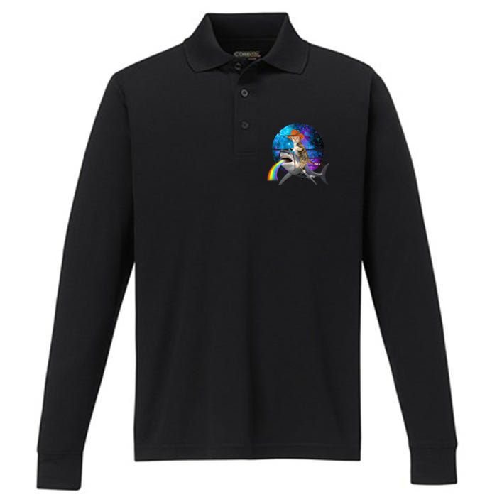 Funny Cat Riding Shark Puking Rainbow Galaxy Space Humor Pun Ank Op Performance Long Sleeve Polo