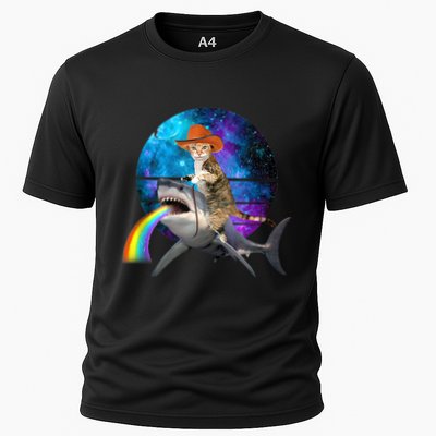 Funny Cat Riding Shark Puking Rainbow Galaxy Space Humor Pun Ank Op Performance Shirt