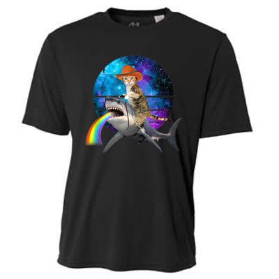 Funny Cat Riding Shark Puking Rainbow Galaxy Space Humor Pun Ank Op Cooling Performance Crew T-Shirt