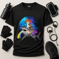 Funny Cat Riding Shark Puking Rainbow Galaxy Space Humor Pun Ank Op Performance Shirt
