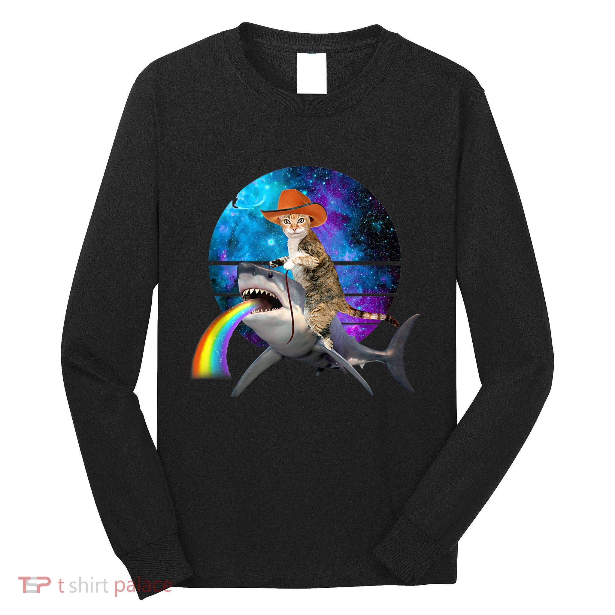 Funny Cat Riding Shark Puking Rainbow Galaxy Space Humor Pun Ank Op Long Sleeve Shirt