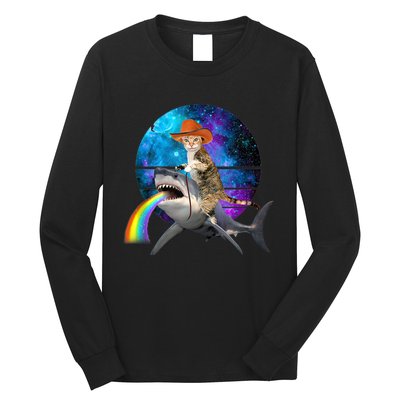 Funny Cat Riding Shark Puking Rainbow Galaxy Space Humor Pun Ank Op Long Sleeve Shirt