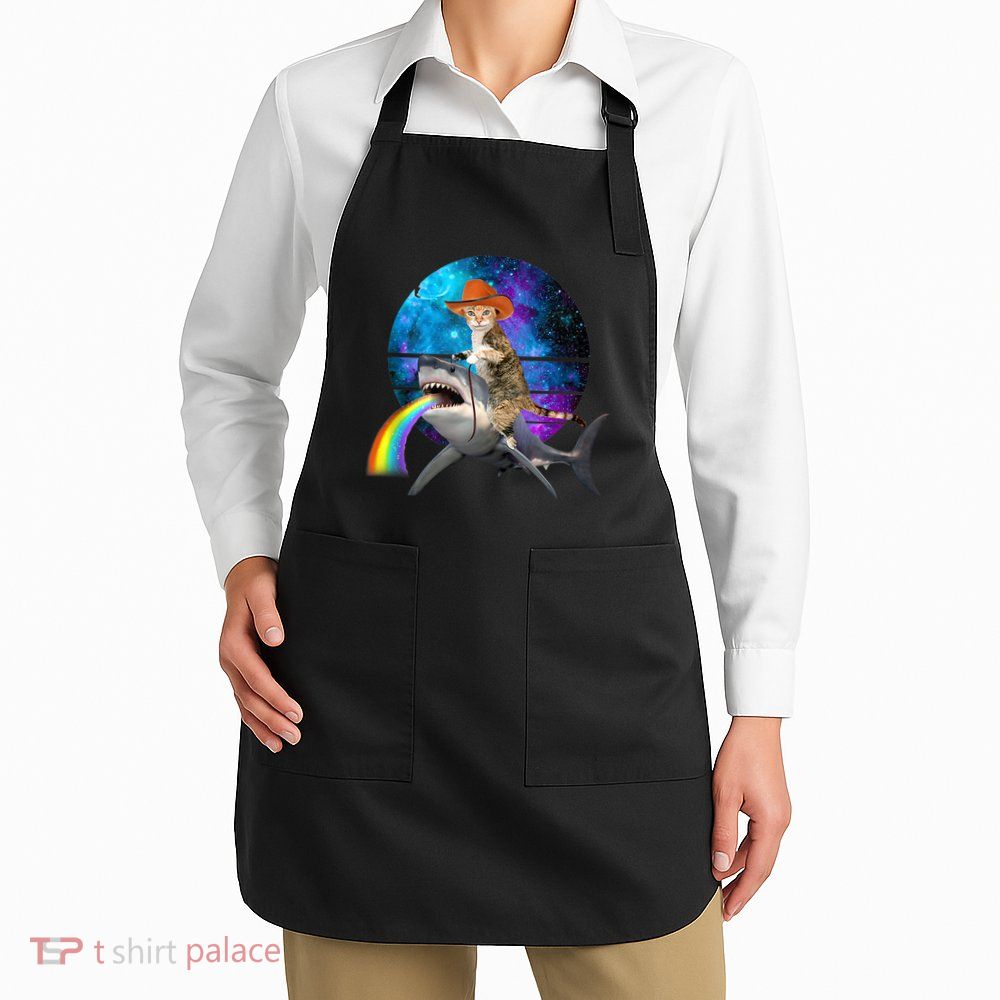 Funny Cat Riding Shark Puking Rainbow Galaxy Space Humor Pun Ank Op Apron