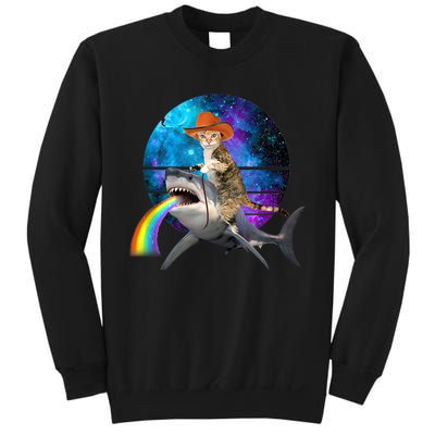 Funny Cat Riding Shark Puking Rainbow Galaxy Space Humor Pun Ank Op Sweatshirt