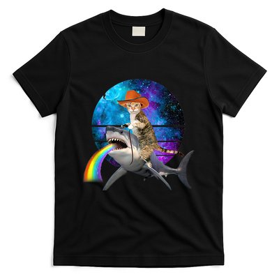 Funny Cat Riding Shark Puking Rainbow Galaxy Space Humor Pun Ank Op T-Shirt