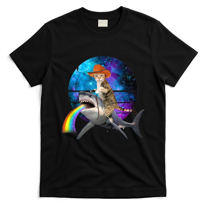 Funny Cat Riding Shark Puking Rainbow Galaxy Space Humor Pun Ank Op T-Shirt