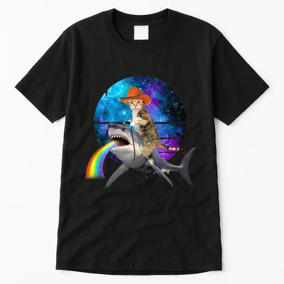Funny Cat Riding Shark Puking Rainbow Galaxy Space Humor Pun Ank Op Tall T-Shirt