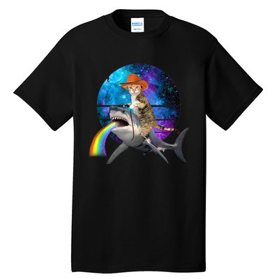 Funny Cat Riding Shark Puking Rainbow Galaxy Space Humor Pun Ank Op Tall T-Shirt