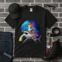 Funny Cat Riding Shark Puking Rainbow Galaxy Space Humor Pun Ank Op Tall T-Shirt