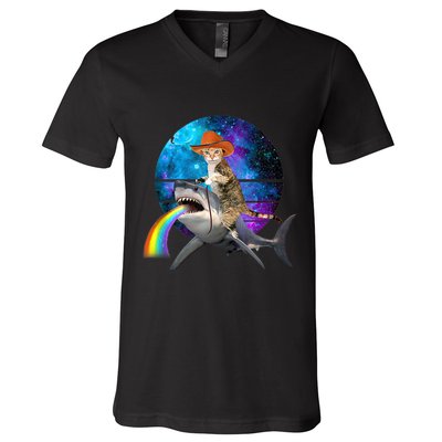 Funny Cat Riding Shark Puking Rainbow Galaxy Space Humor Pun Ank Op V-Neck T-Shirt