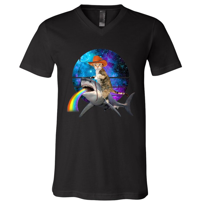 Funny Cat Riding Shark Puking Rainbow Galaxy Space Humor Pun Ank Op V-Neck T-Shirt