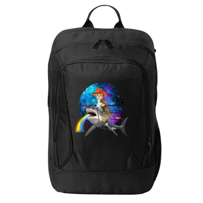 Funny Cat Riding Shark Puking Rainbow Galaxy Space Humor Pun Ank Op City Backpack