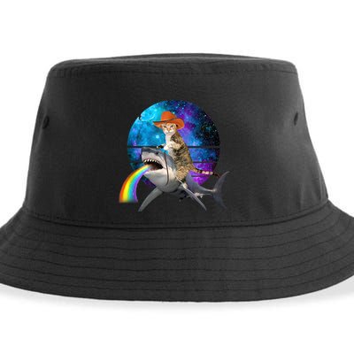 Funny Cat Riding Shark Puking Rainbow Galaxy Space Humor Pun Ank Op Sustainable Bucket Hat