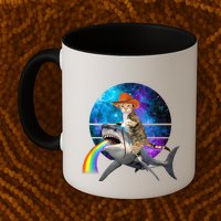 Funny Cat Riding Shark Puking Rainbow Galaxy Space Humor Pun Ank Op Mug