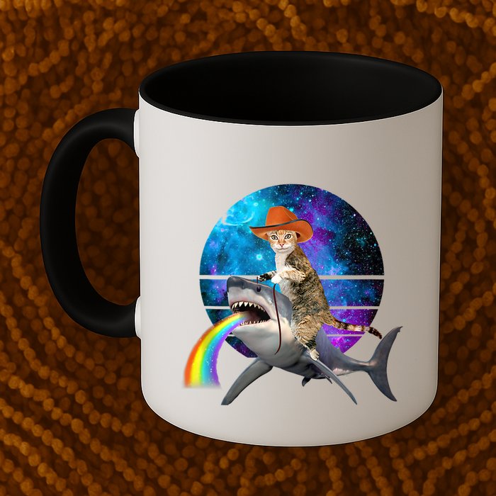 Funny Cat Riding Shark Puking Rainbow Galaxy Space Humor Pun Ank Op Mug