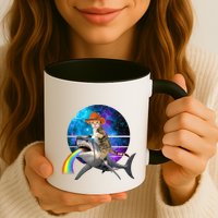 Funny Cat Riding Shark Puking Rainbow Galaxy Space Humor Pun Ank Op Mug